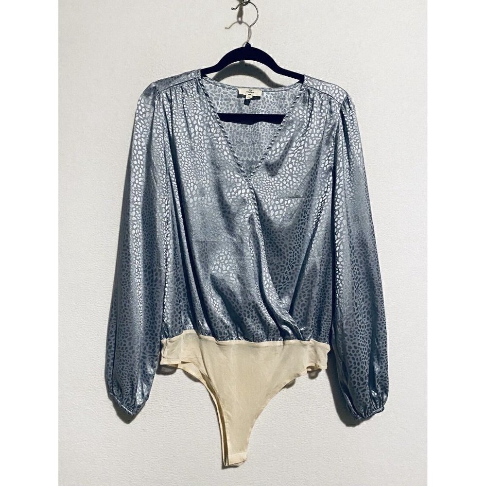 Entro Bodysuit Womens Large Animal Print Long Sleeve Faux Wrap Silver Gray Boho